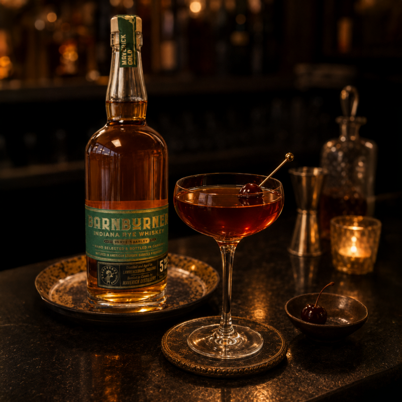 Barnburner Manhattan cocktail made with Barnburner Indiana Rye Whiskey, sweet vermouth, and a brandied cherry garnish